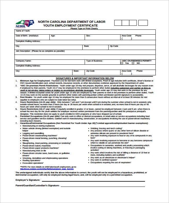 youth employment certificate pdf template free download