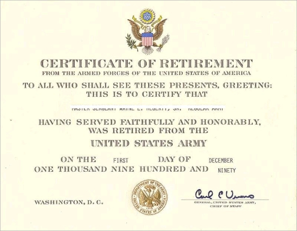army retirement certificate 