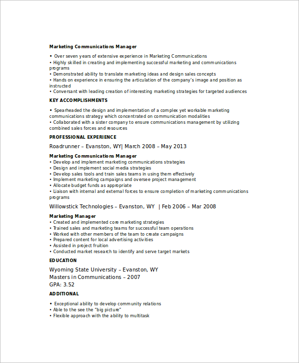 Resume templates for marketing communications