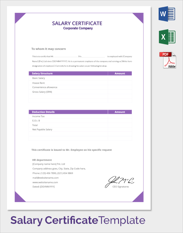 corporate company salary certificate template1