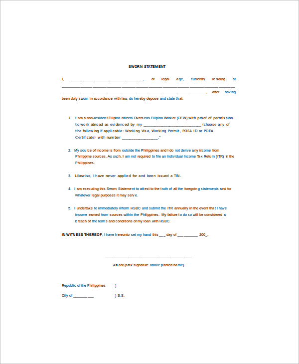 FREE 12+ Sample Sworn Statement Templates in Google Docs MS Word