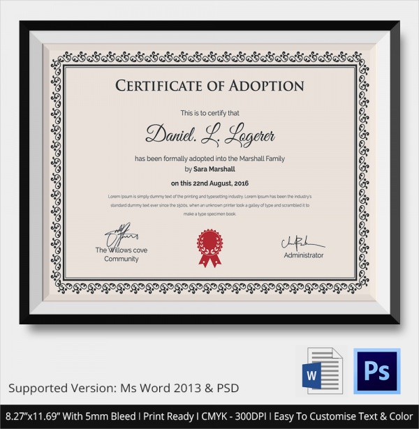 adoption certificate template pdf