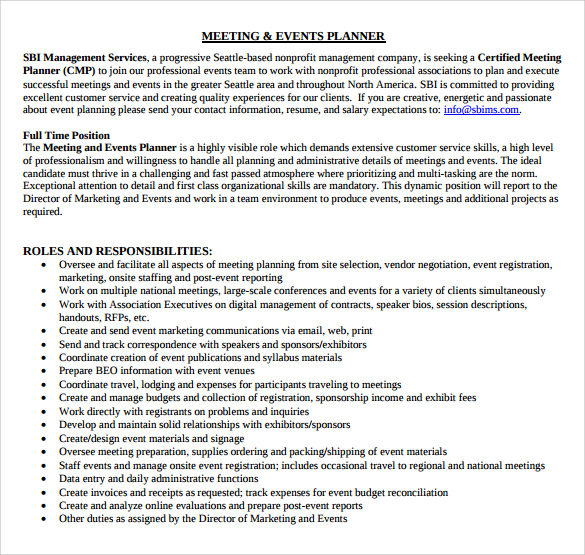 event planner job description for resume