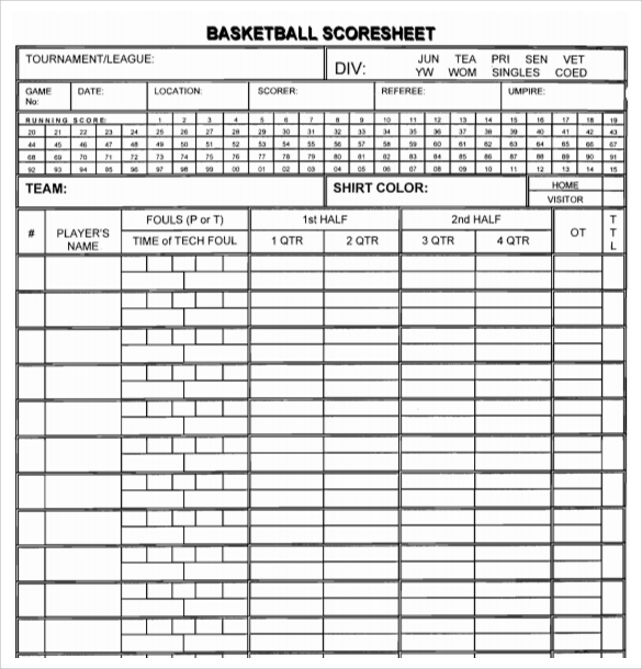 Basketball Score Sheet Template Excel 2003 HQ Printable Documents