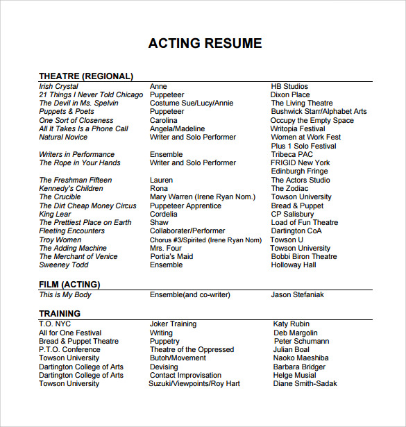 theater resume template microsoft word