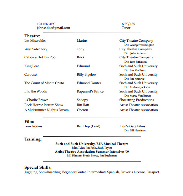 theater resume template microsoft word