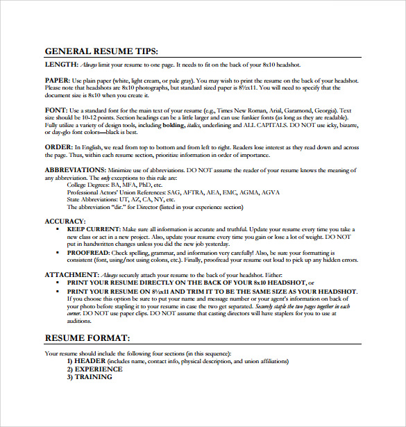 guidelines for acting resume template