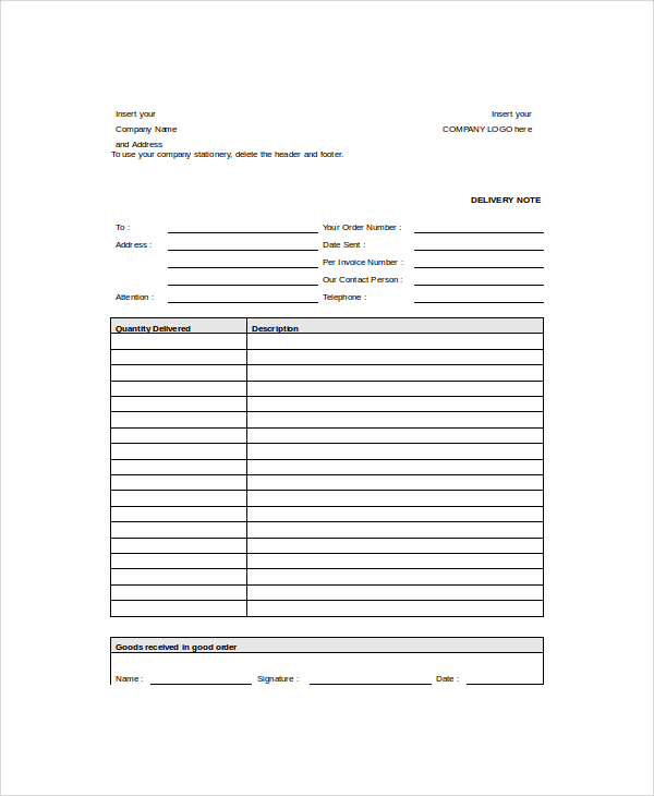 corporate delivery note template