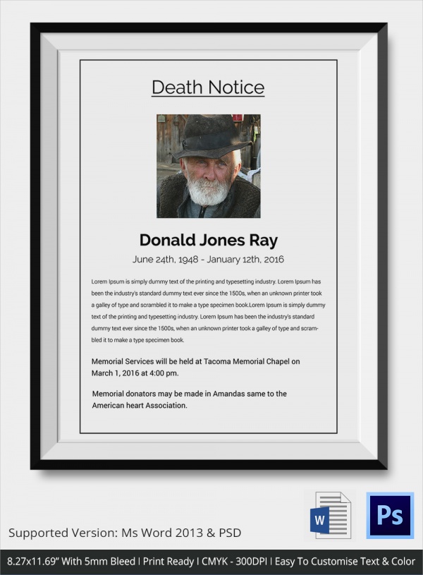 Sample Death Notice 14 Documents In PDF PSD WORD