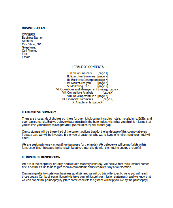 hotel business plan format