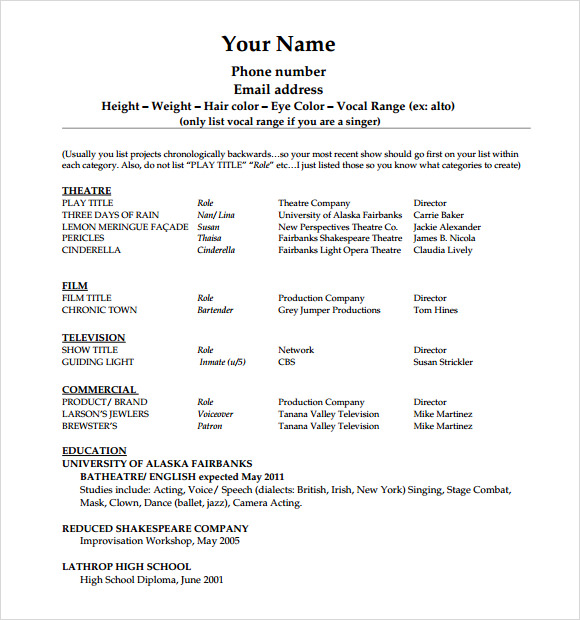FREE 20 Useful Sample Acting Resume Templates In PDF MS Word PSD Publisher Pages