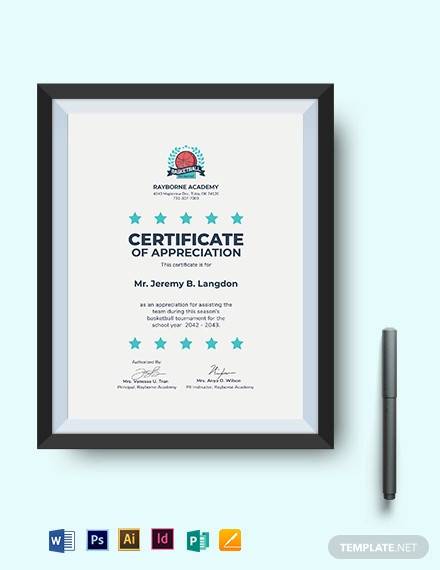 certificate of appreciation for basketball tournament template