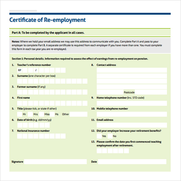 certificate of re employment template