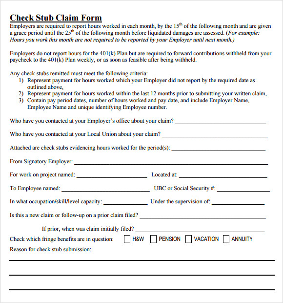 check stub claim form template