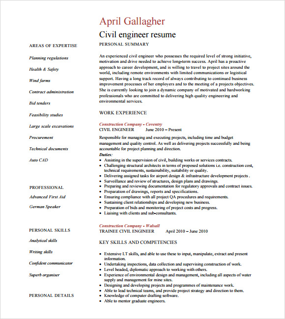 FREE 14+ Sample Civil Engineer Resume Templates in PDF  MS Word  PSD