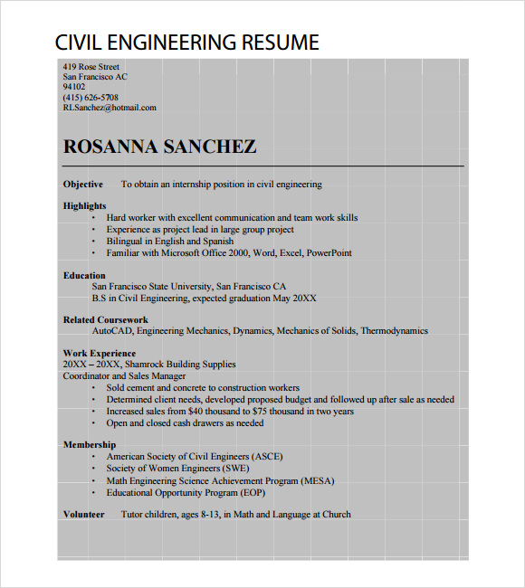 7+ Sample Civil Engineer Resume Templates – Free Samples 