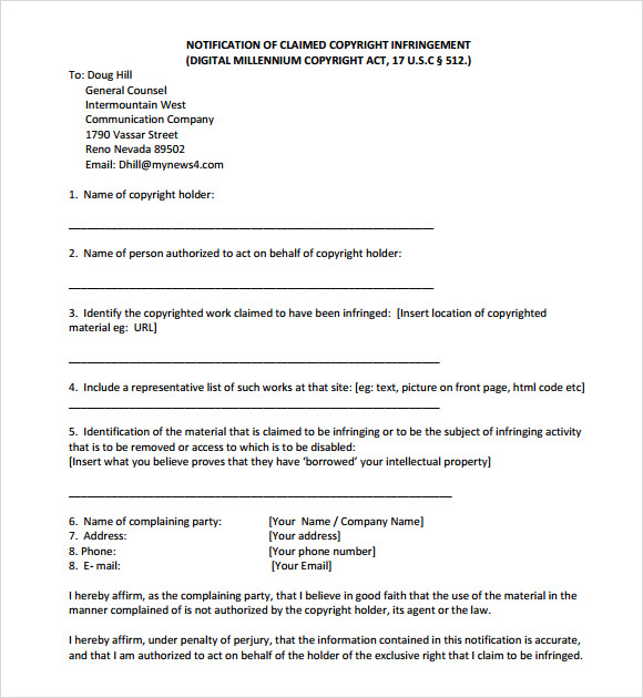 FREE 8  Sample DMCA Notice Templates in PDF