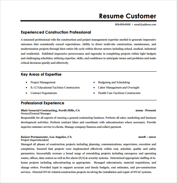 Construction Resume Template Word   Construction Resume Builder 