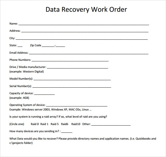 data recovery work order template