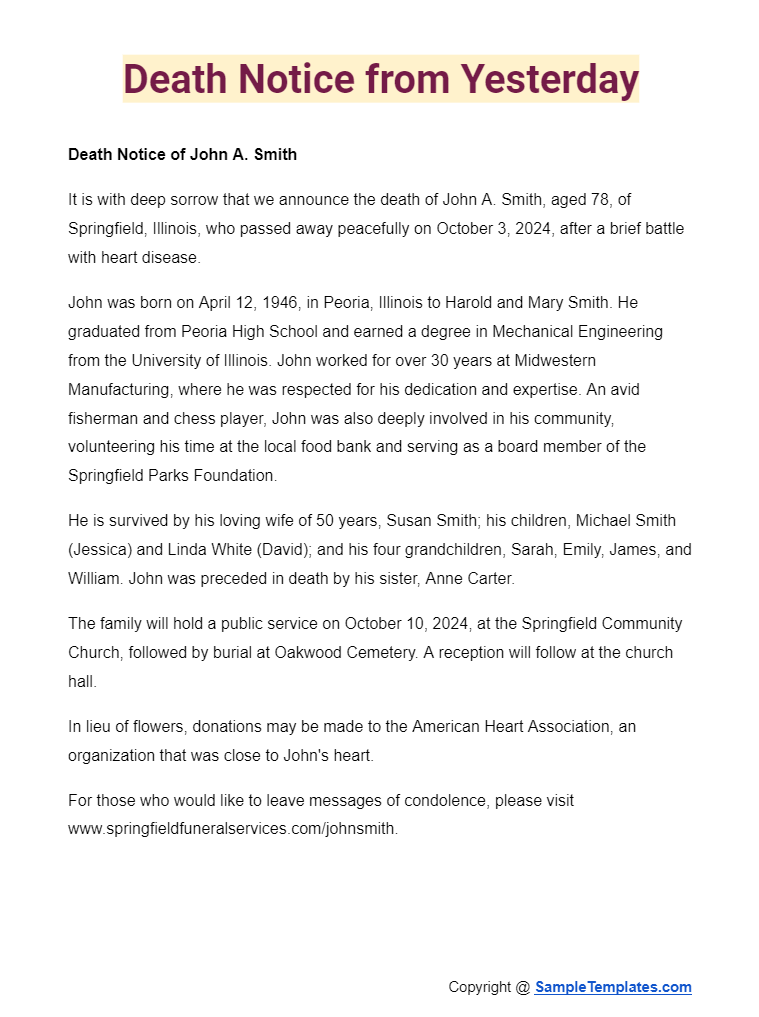 death notice from yesterday