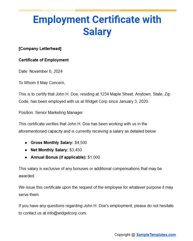 employment certificate with salary