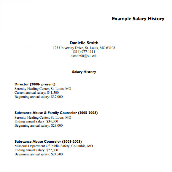 free 5 sample salary history templates in pdf ms word