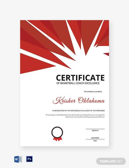 excellence certificate for basketball template