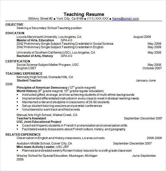 FREE 6+ Sample Teacher Resume Templates in PDF MS Word PSD