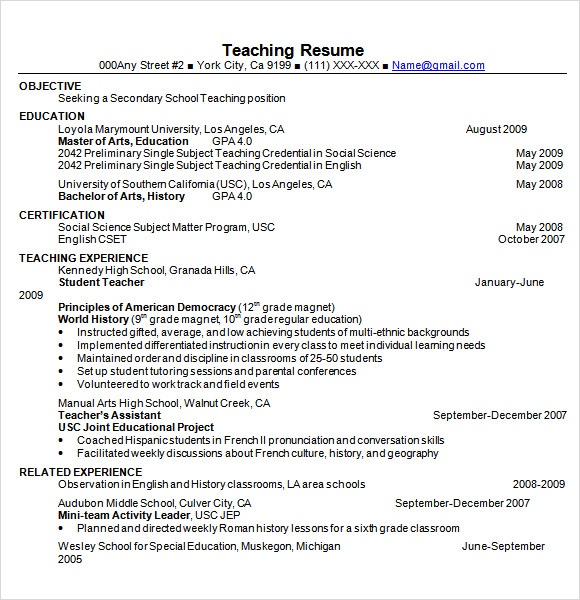 FREE 6 Sample Teacher Resume Templates In PDF MS Word PSD
