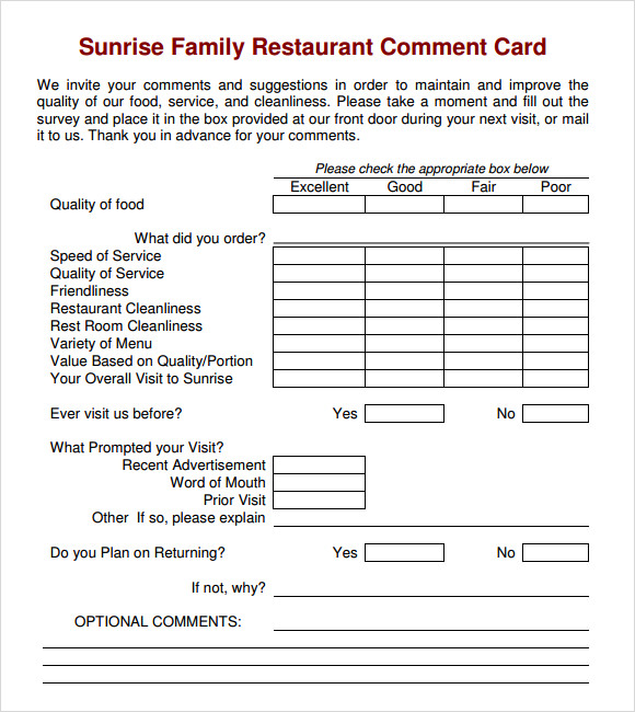 Free Comment Card Template For A Restaurant