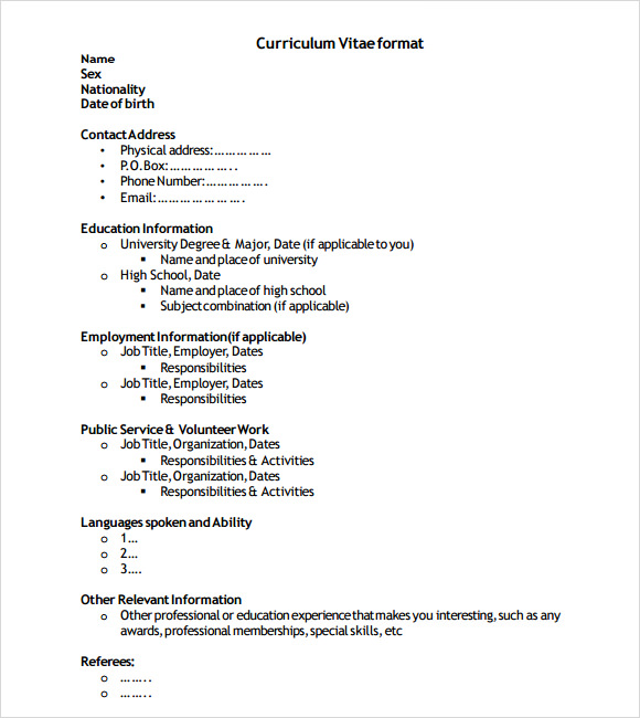 frshers curriculum vitae format