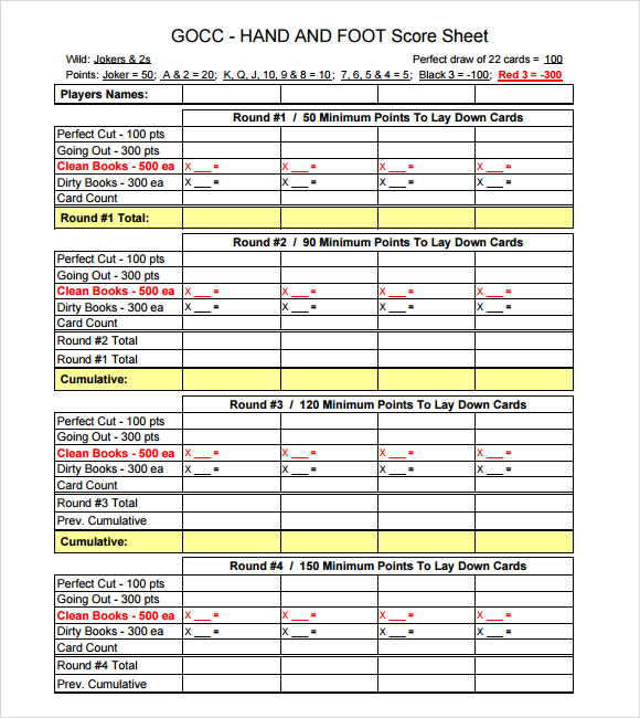 FREE 7+ Sample Hand and Foot Score Sheet Templates in ...