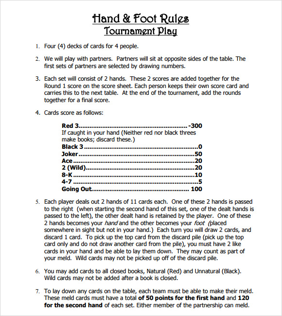 Printable Rules For Hand Knee And Foot Card Game