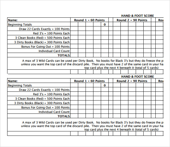 FREE 7 Sample Hand And Foot Score Sheet Templates In Google Docs