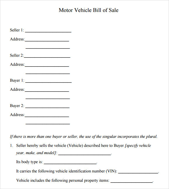 motor vehicle bill of sale template