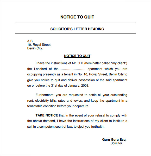 notice to quit template letter