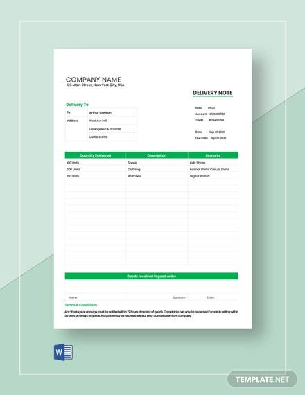 order delivery note template