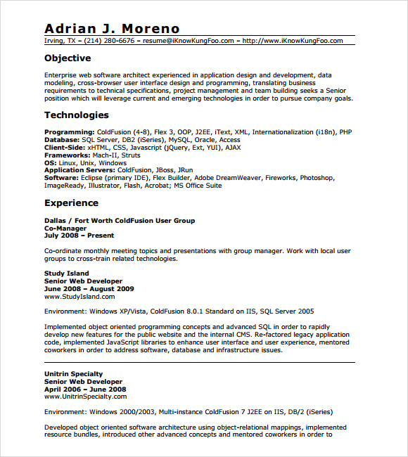 1 year java experience resume format