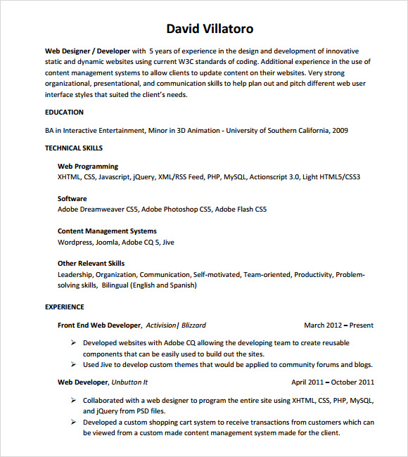 7 printable sample programmer resume templates