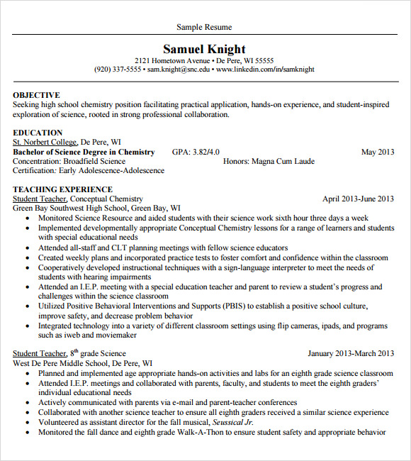 10 Sample Teacher Resume Templates to Download Sample Templates