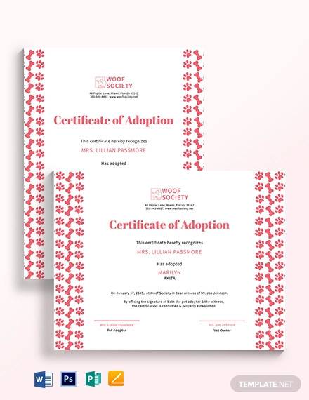puppy adoption certificate template