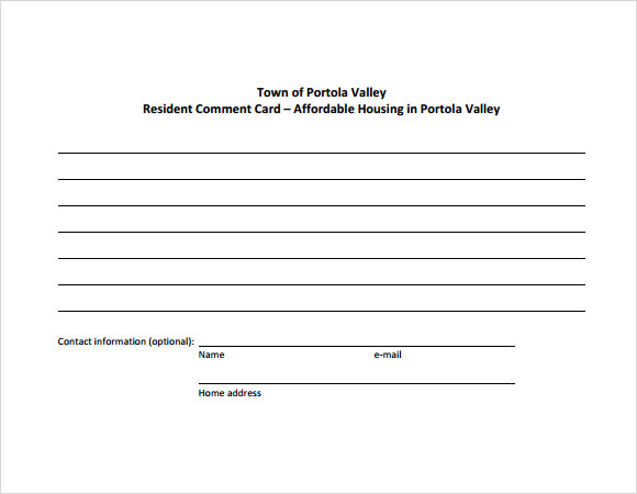 resident comment card template