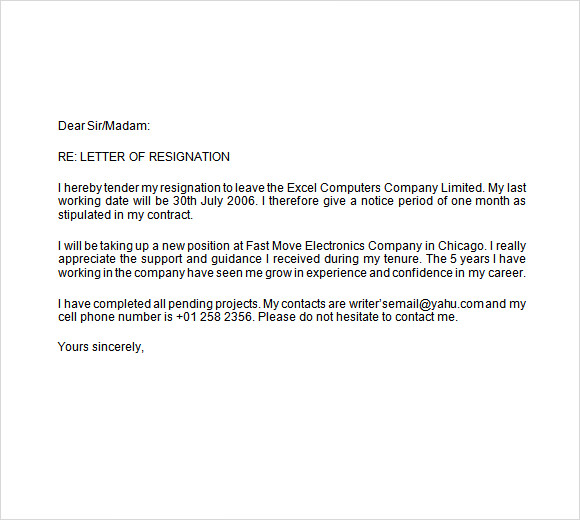 resignation letter samples short notice