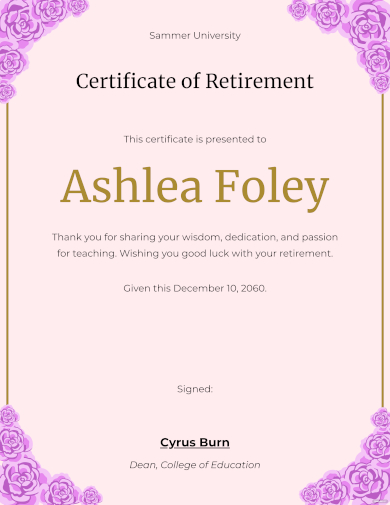 retirement certificate for teacher template