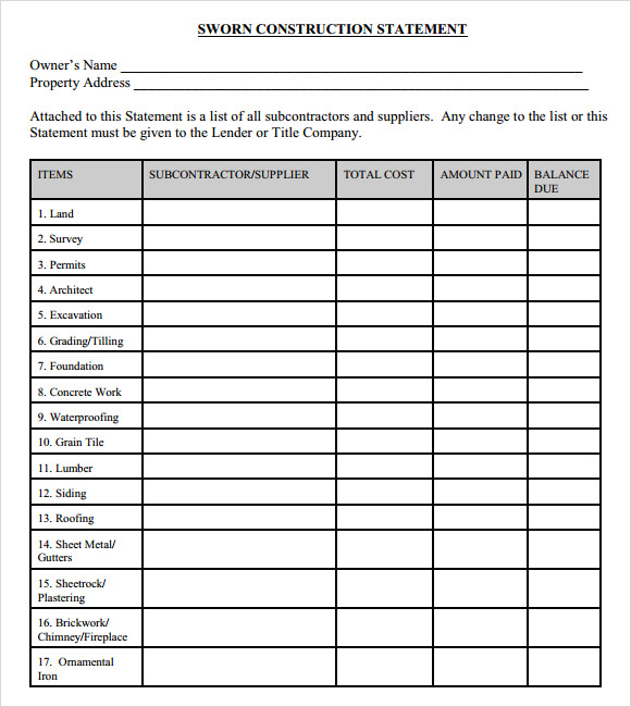 Construction Sworn Statement Template