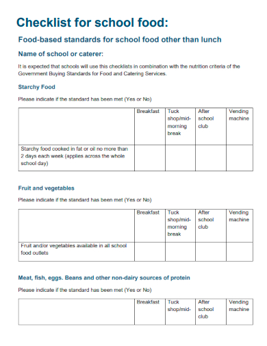 sample checklist for school food template