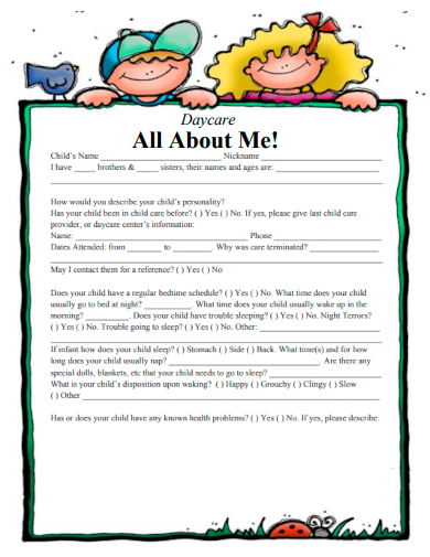 sample daycare all about me template