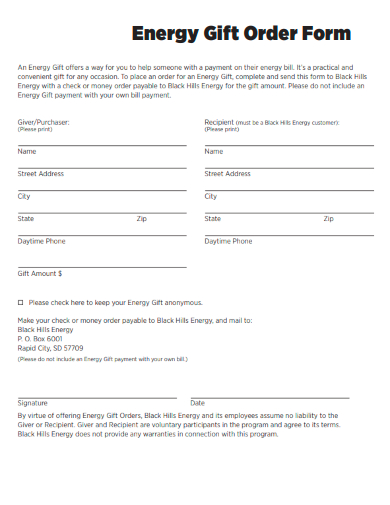 sample energy gift order form template