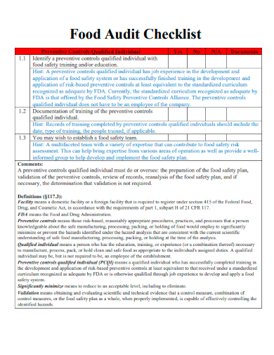 sample food audit checklist template