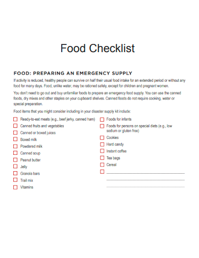 sample food checklist blank template